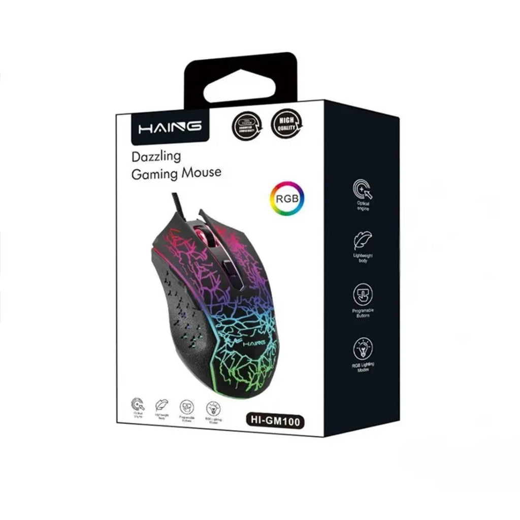 HAING HI-GM100 Wired Gaming Mouse (2400 DPI, 3 Million Clicks, 4-Color RGB) - Black