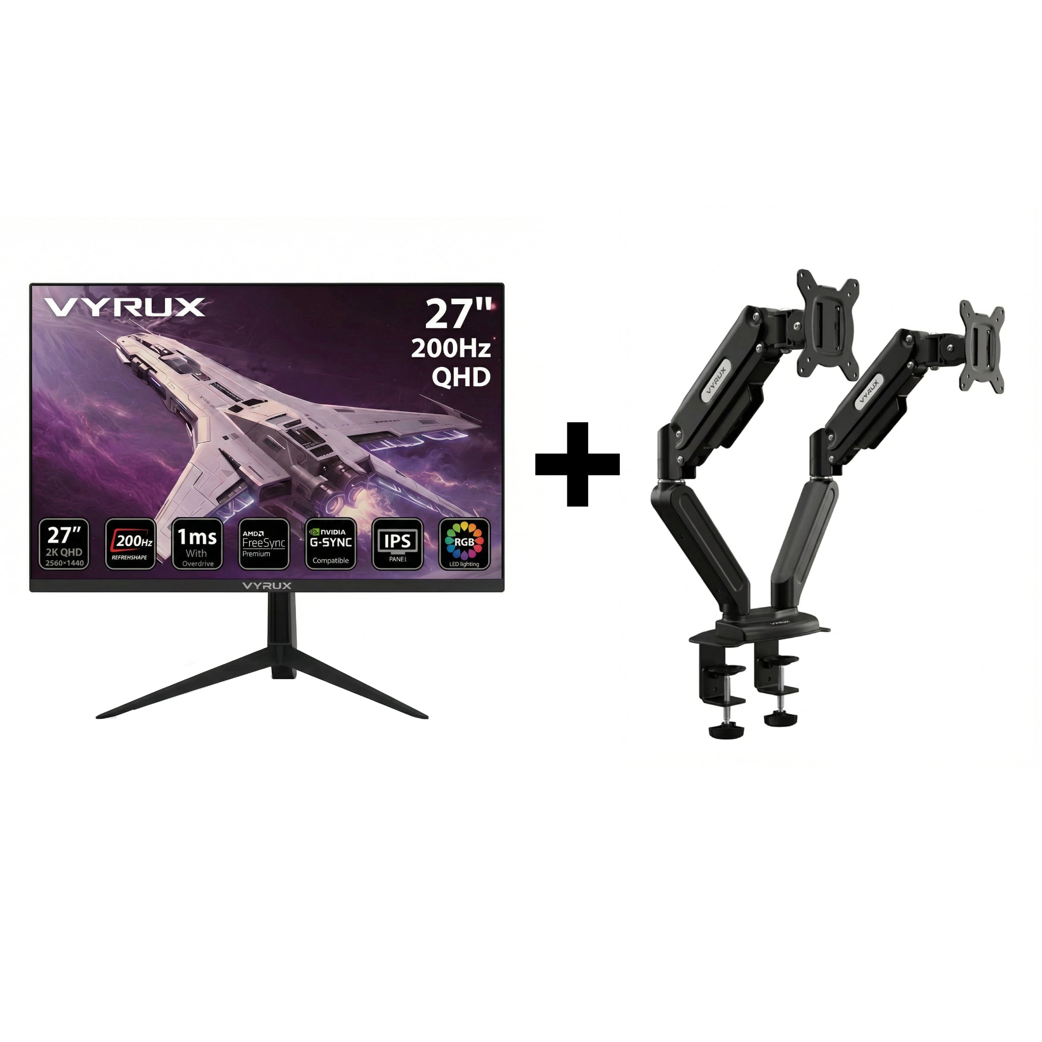 Vyrux 27" 2K QHD 200Hz Gaming Monitor + Dual Monitor Arm Bundle - Black