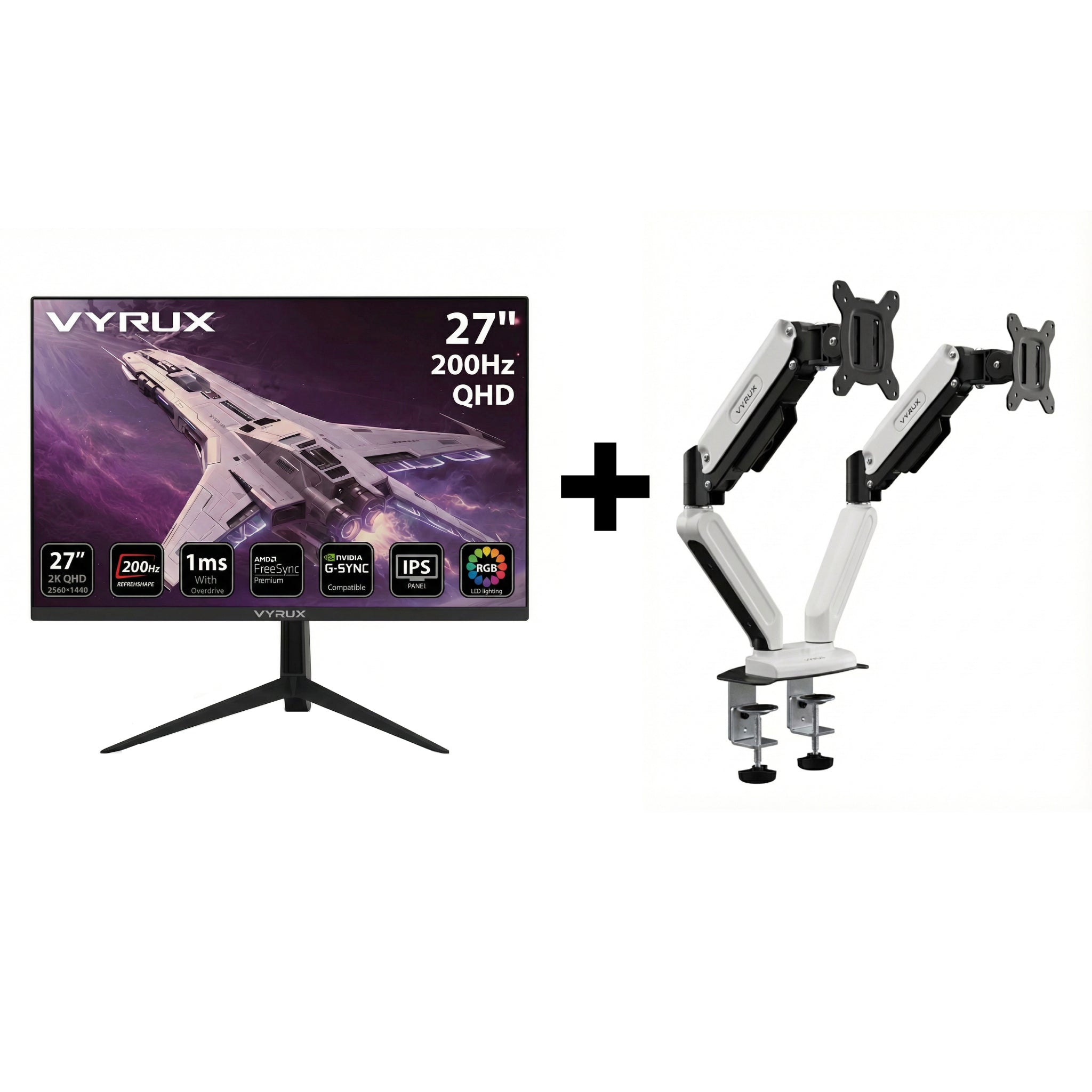 Vyrux 27" 2K QHD 200Hz Gaming Monitor + Dual Monitor Arm Bundle - White