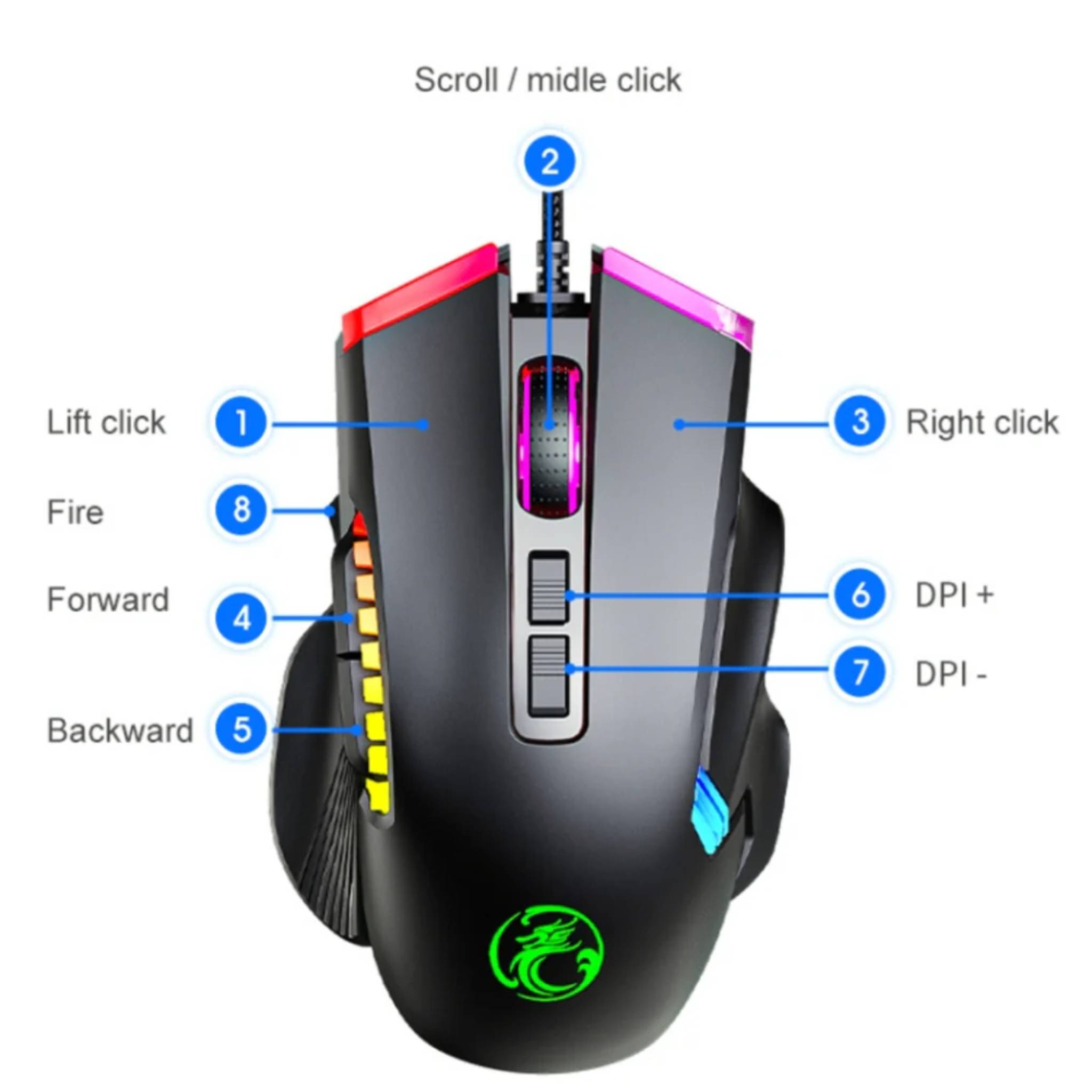 iMice T70 Wired Gaming Mouse (7200 DPI, 8 Programmable Buttons, Dedicated Fire Button, RGB) - Black